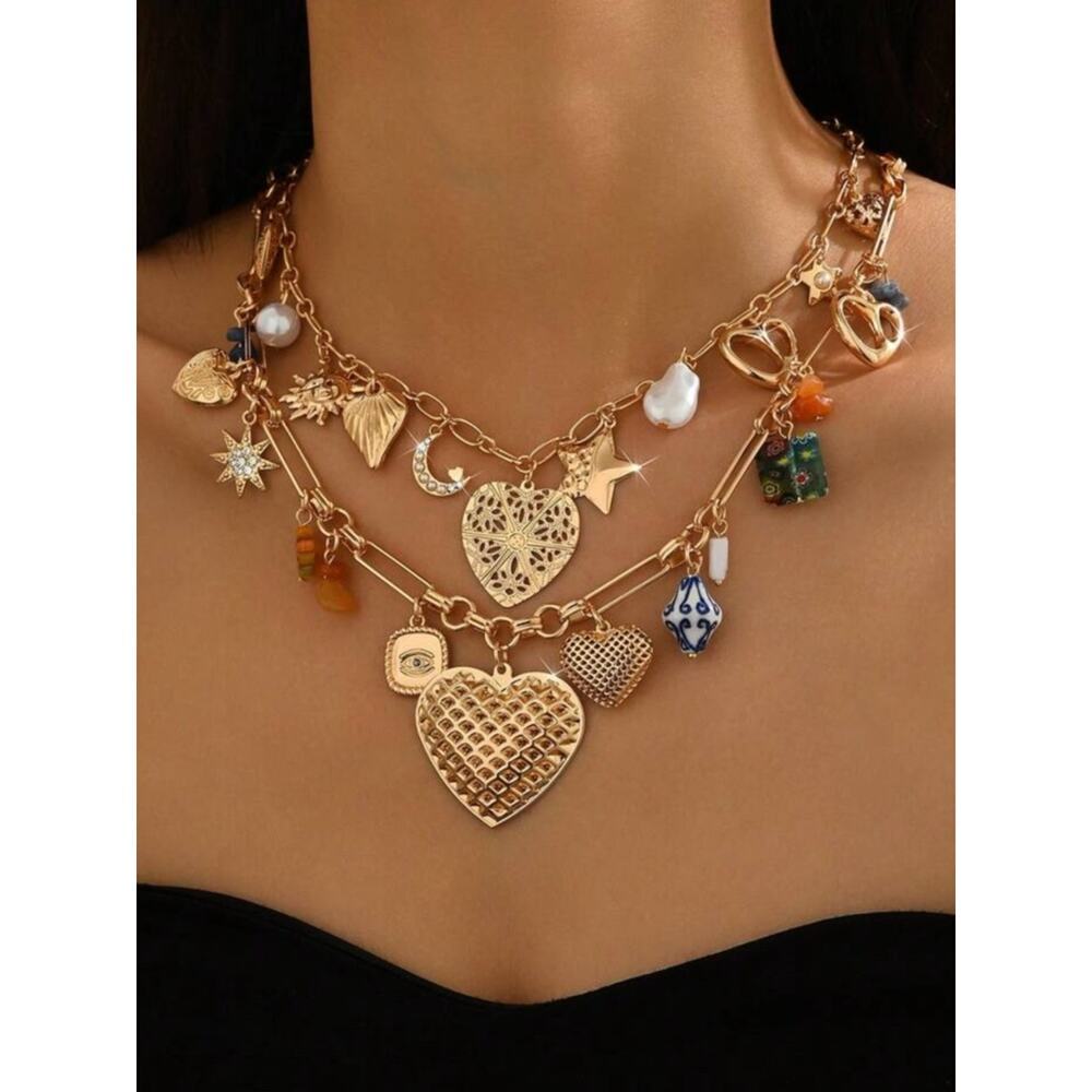 Gold Multicharm Heart Layered Necklace - Women Jewelry